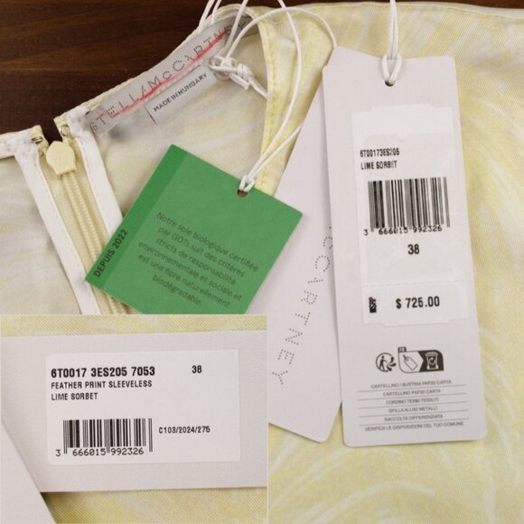 Stella McCartney Featherprint Silk Sleeveless Top, Lime Sorbet, Size EU 38/US 2 - Picture 5 of 9